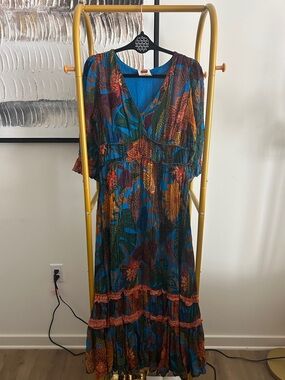 FARM Rio Teal Maxi Dress with Rust and Green Floral Print